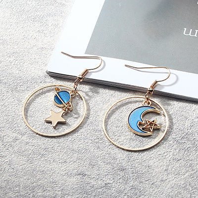 Japan And South Korea Blue Starry Sky Planet Asymmetric Earrings-Jewearrings