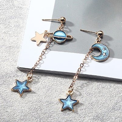 Japan And South Korea Blue Starry Sky Planet Asymmetric Earrings-Jewearrings