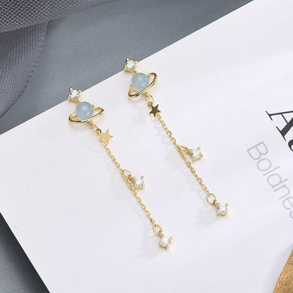 Japan and South Korea Forest Five Pointed Star S925 Sterling Silver Stud Earrings Planet Tassel Long Zircon Earrings-Jewearrings