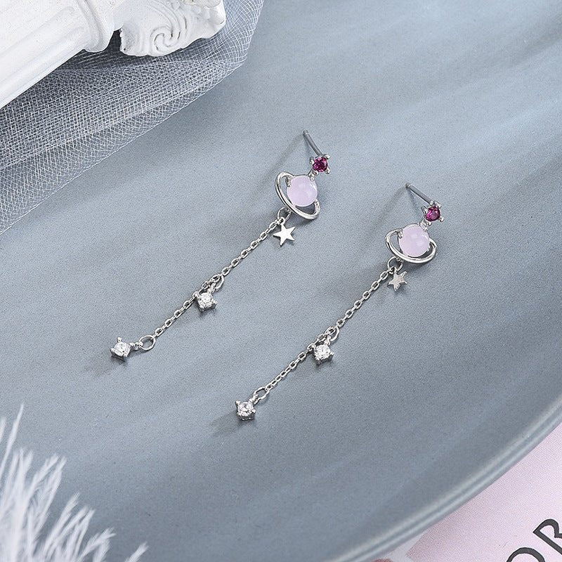 Japan and South Korea Forest Five Pointed Star S925 Sterling Silver Stud Earrings Planet Tassel Long Zircon Earrings-Jewearrings