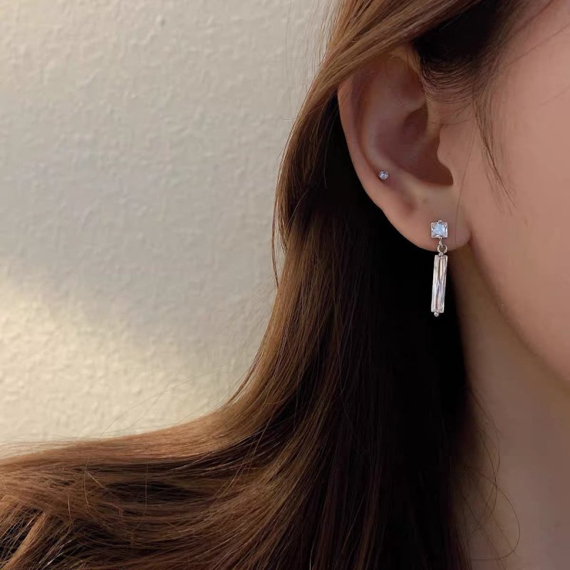 Japan And South Korea S925 Sterling Silver Zircon Long Bar Stone Stud Earrings Female-Jewearrings