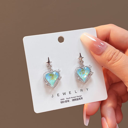 Japan And South Korea Super Flash Blue Diamond Hollow Love Earrings-Jewearrings