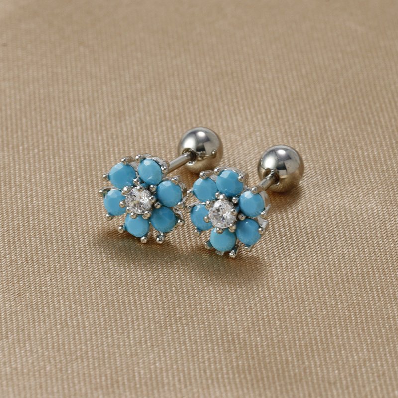 Japanese And Korean Color Zircon Sterling Silver Needle Ins Style Flower Diamond-embedded Screw Stud Earrings-Jewearrings