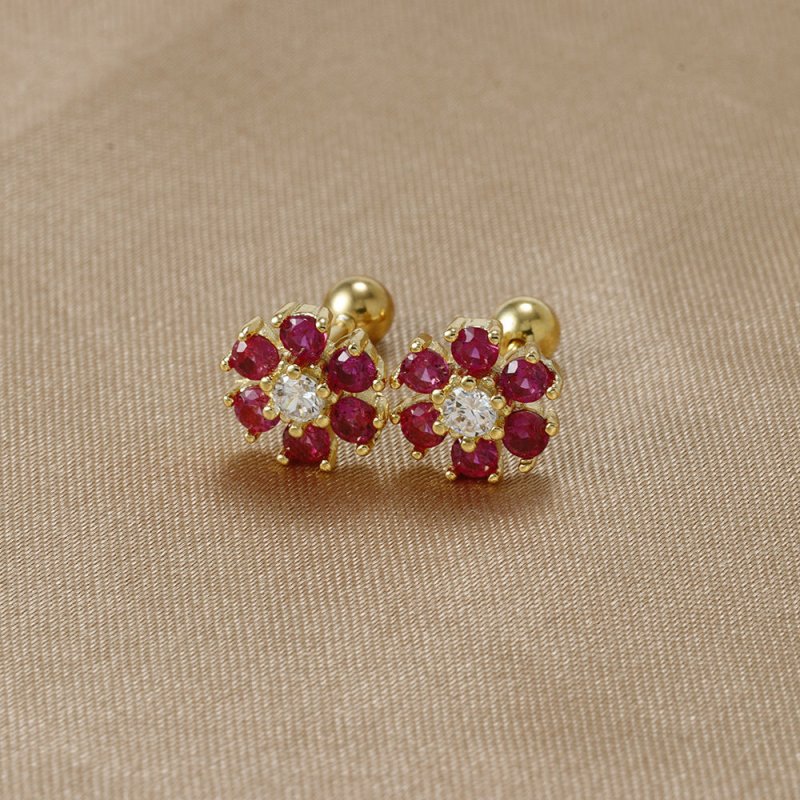 Japanese And Korean Color Zircon Sterling Silver Needle Ins Style Flower Diamond-embedded Screw Stud Earrings-Jewearrings