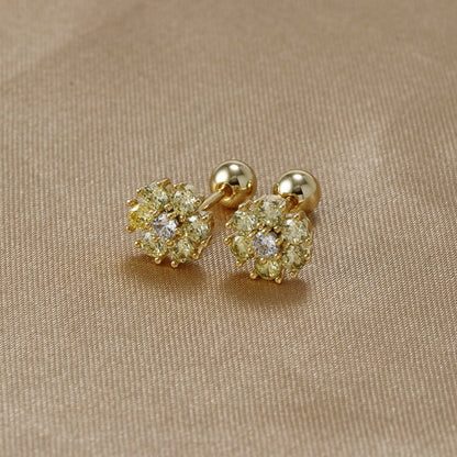 Japanese And Korean Color Zircon Sterling Silver Needle Ins Style Flower Diamond-embedded Screw Stud Earrings-Jewearrings