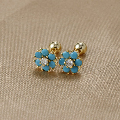 Japanese And Korean Color Zircon Sterling Silver Needle Ins Style Flower Diamond-embedded Screw Stud Earrings-Jewearrings