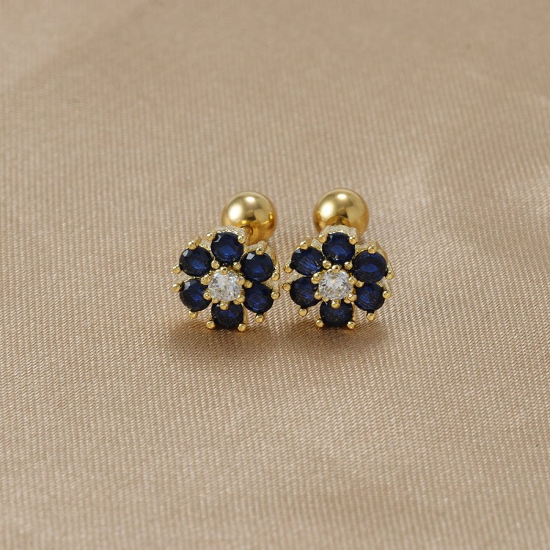 Japanese And Korean Color Zircon Sterling Silver Needle Ins Style Flower Diamond-embedded Screw Stud Earrings-Jewearrings