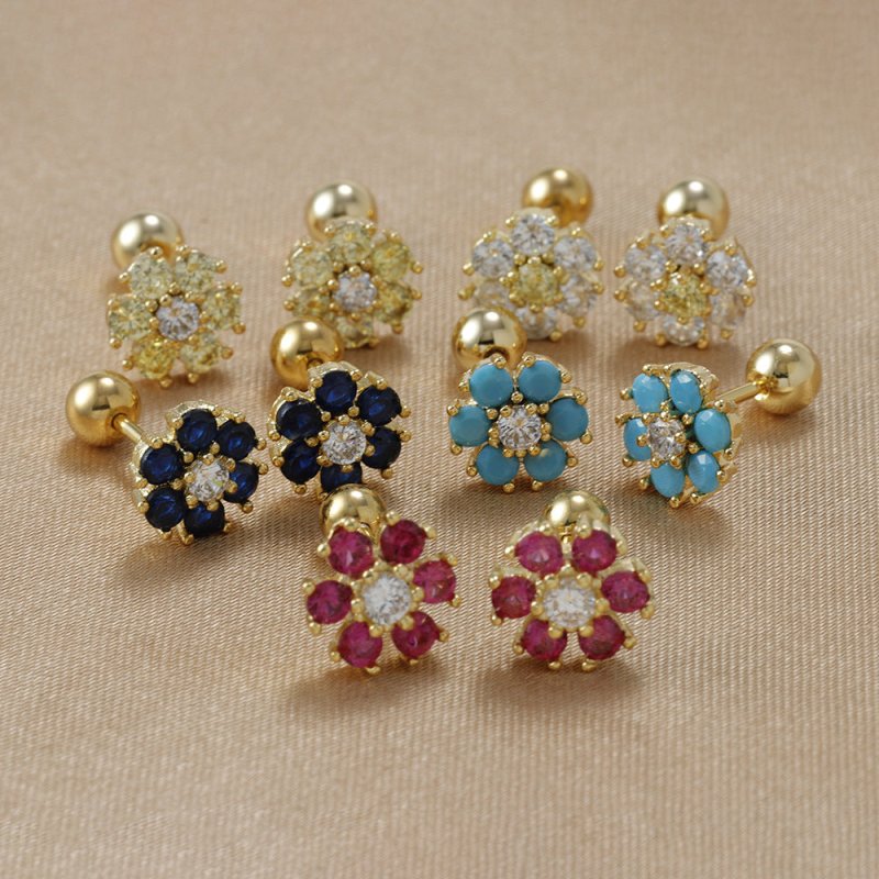 Japanese And Korean Color Zircon Sterling Silver Needle Ins Style Flower Diamond-embedded Screw Stud Earrings-Jewearrings