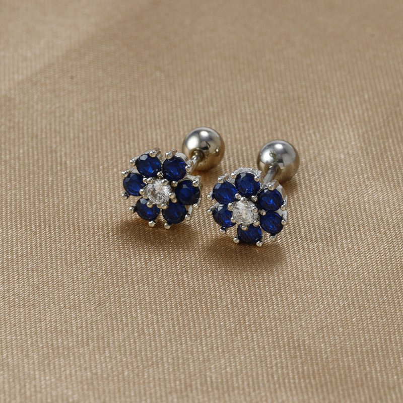 Japanese And Korean Color Zircon Sterling Silver Needle Ins Style Flower Diamond-embedded Screw Stud Earrings-Jewearrings