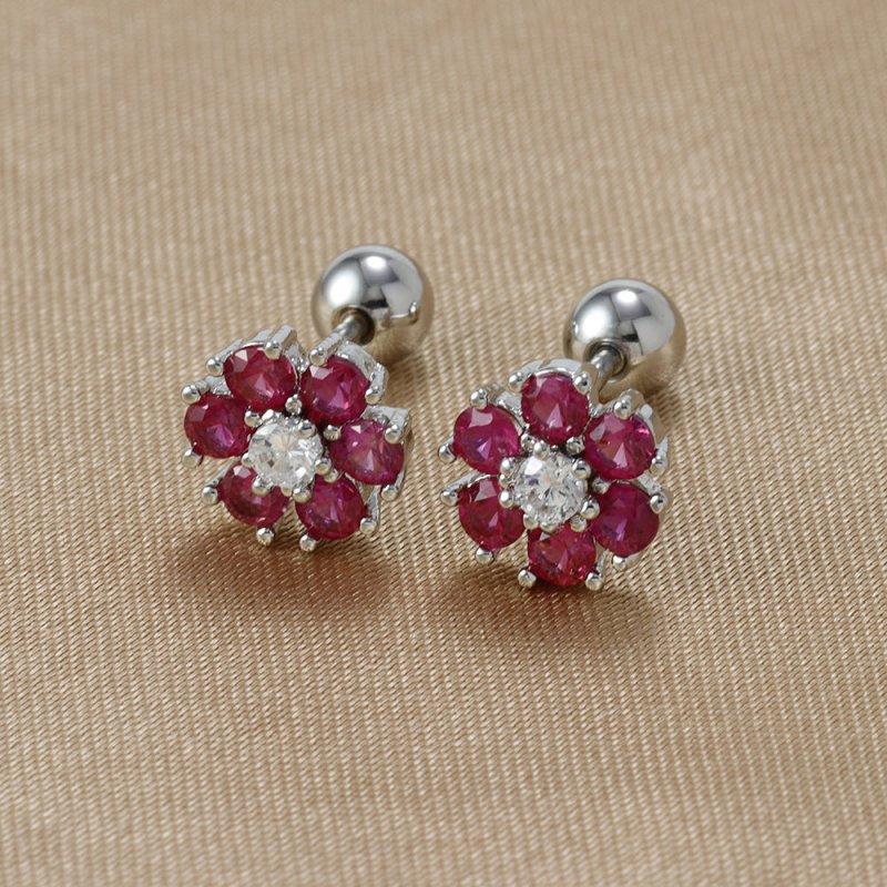 Japanese And Korean Color Zircon Sterling Silver Needle Ins Style Flower Diamond-embedded Screw Stud Earrings-Jewearrings