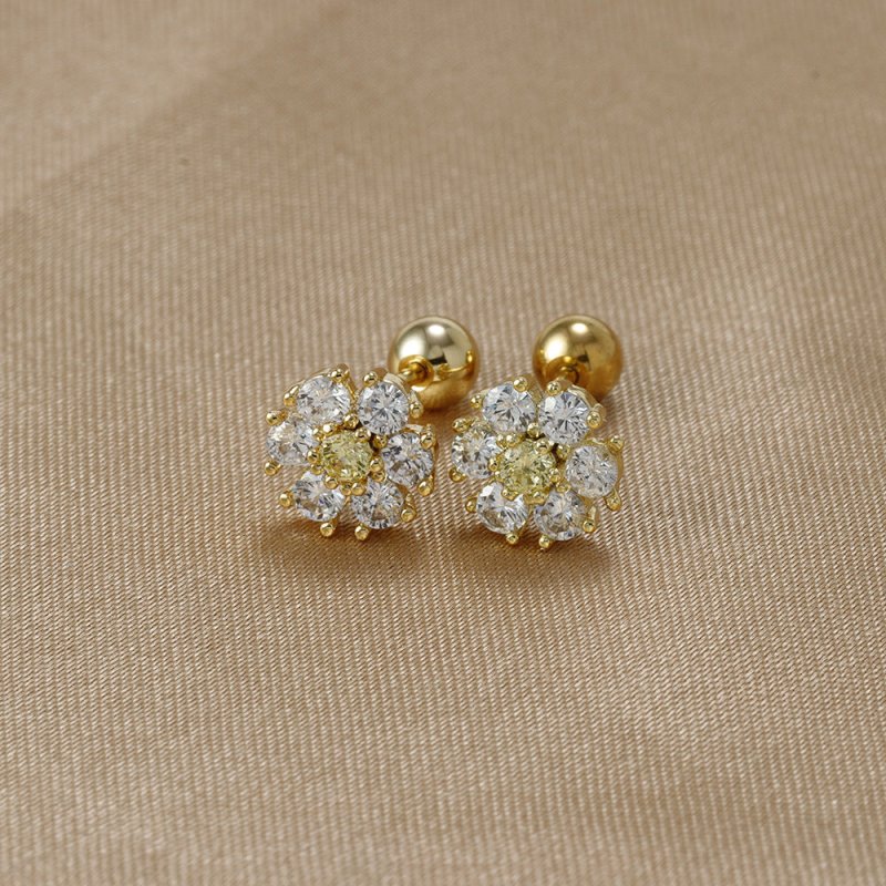 Japanese And Korean Color Zircon Sterling Silver Needle Ins Style Flower Diamond-embedded Screw Stud Earrings-Jewearrings