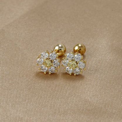 Japanese And Korean Color Zircon Sterling Silver Needle Ins Style Flower Diamond-embedded Screw Stud Earrings-Jewearrings