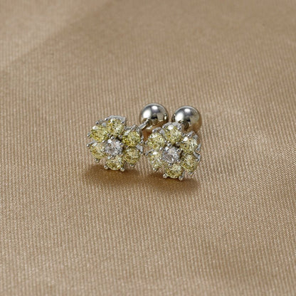 Japanese And Korean Color Zircon Sterling Silver Needle Ins Style Flower Diamond-embedded Screw Stud Earrings-Jewearrings