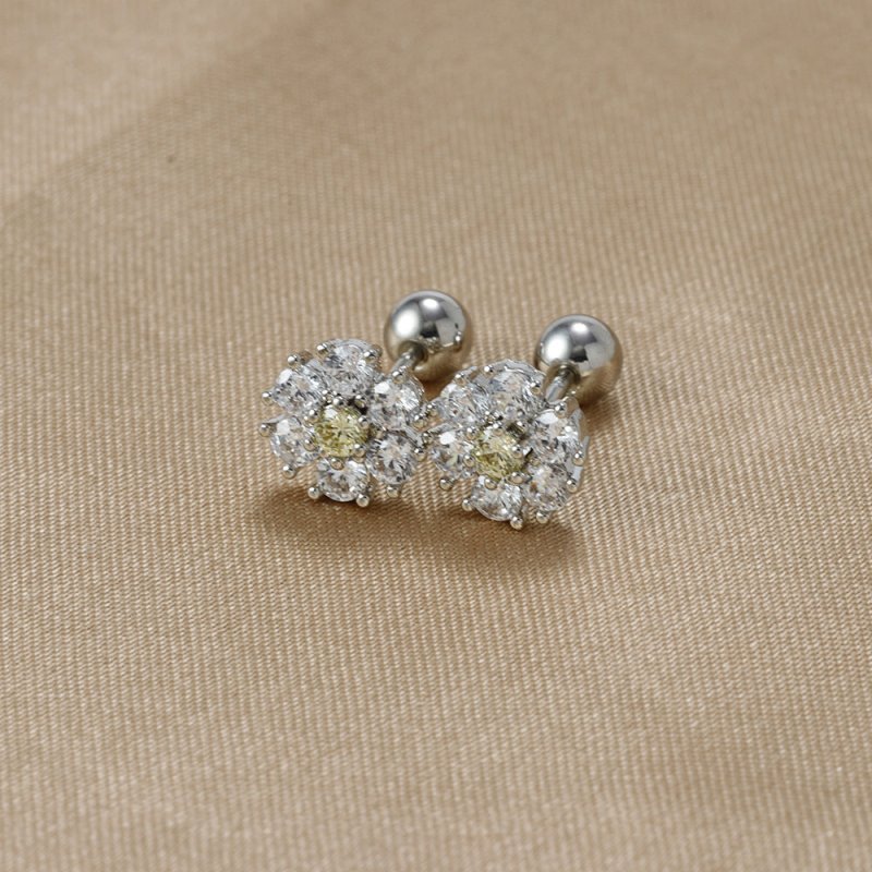 Japanese And Korean Color Zircon Sterling Silver Needle Ins Style Flower Diamond-embedded Screw Stud Earrings-Jewearrings