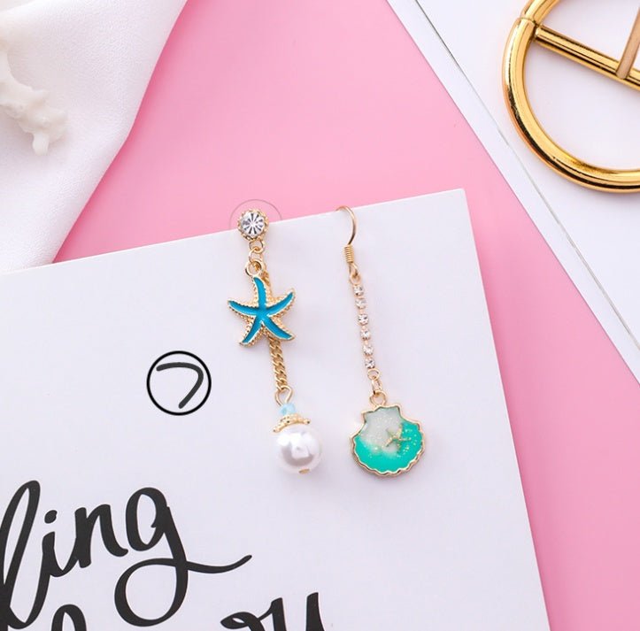 Japanese cartoon asymmetrical seaside holiday wind starfish shell pearl earrings wild cute color earrings earrings-Jewearrings