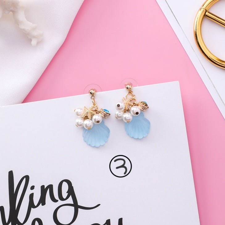 Japanese cartoon asymmetrical seaside holiday wind starfish shell pearl earrings wild cute color earrings earrings-Jewearrings