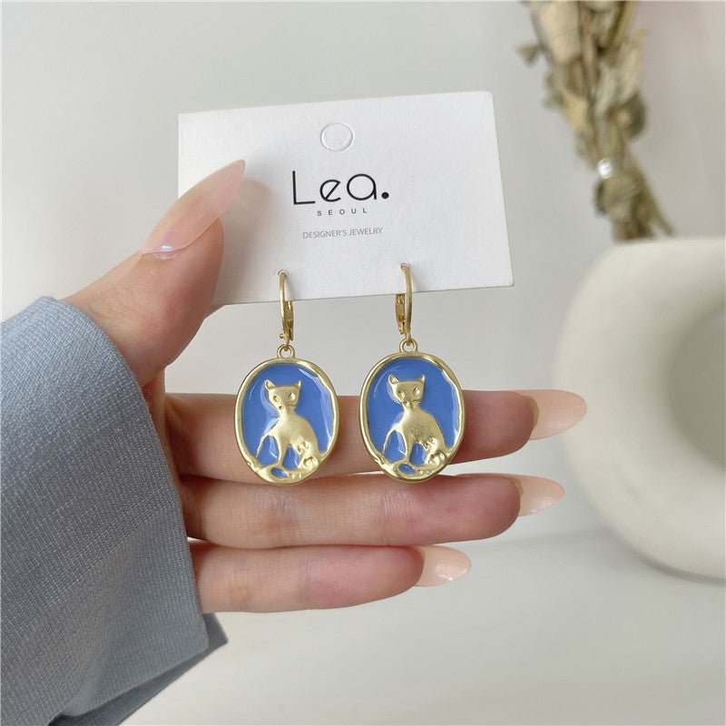 Japanese Retro Metal Dripping Oil Blue Cat Earrings-Jewearrings