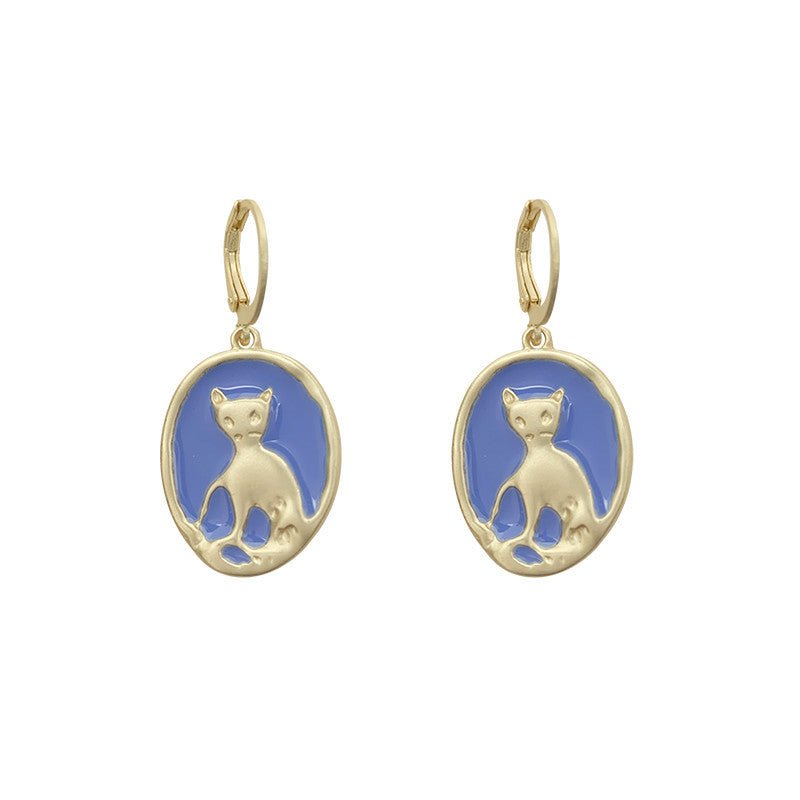 Japanese Retro Metal Dripping Oil Blue Cat Earrings-Jewearrings