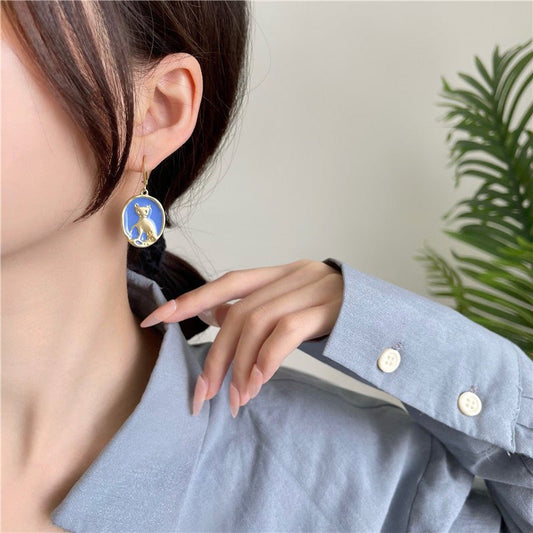 Japanese Retro Metal Dripping Oil Blue Cat Earrings-Jewearrings