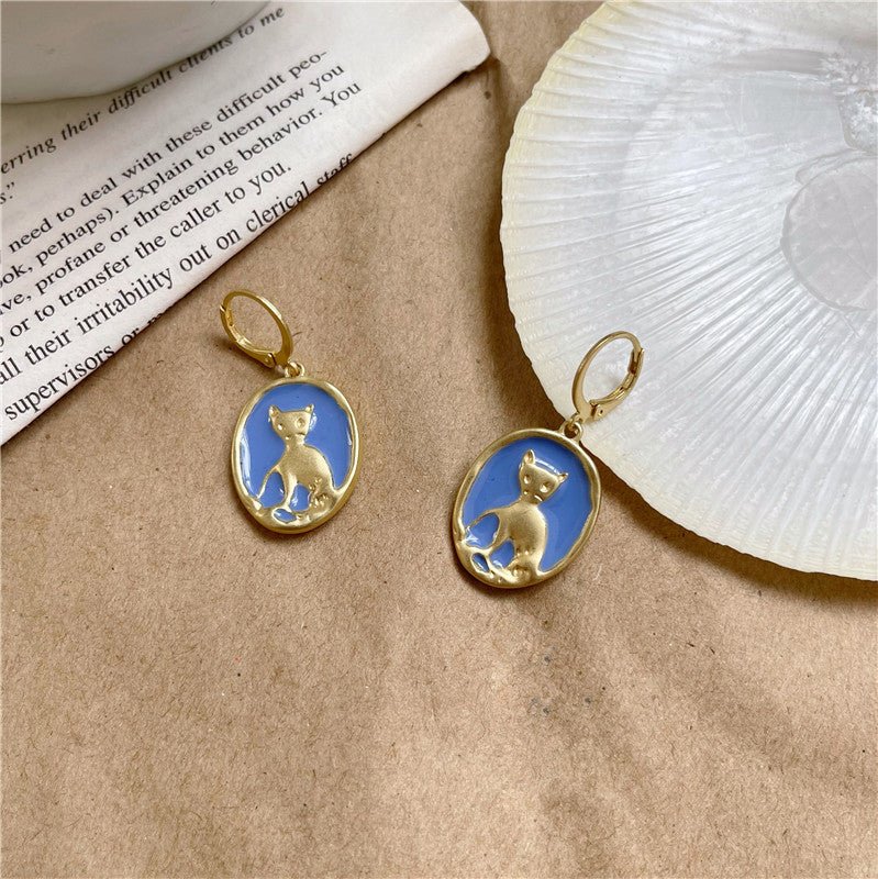 Japanese Retro Metal Dripping Oil Blue Cat Earrings-Jewearrings