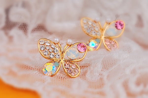 Jewelry Pearl Butterfly Hollow Color Diamond Stud Korea New Earrings-Jewearrings