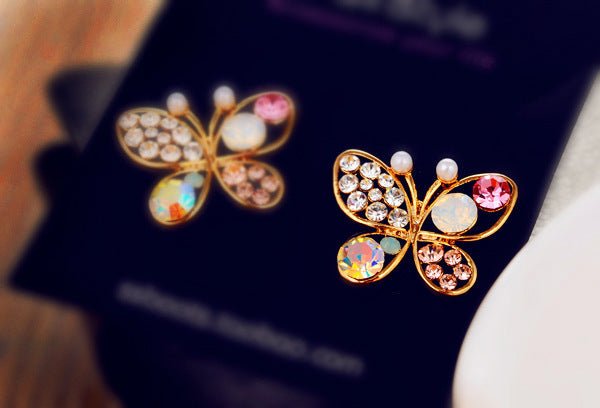 Jewelry Pearl Butterfly Hollow Color Diamond Stud Korea New Earrings-Jewearrings