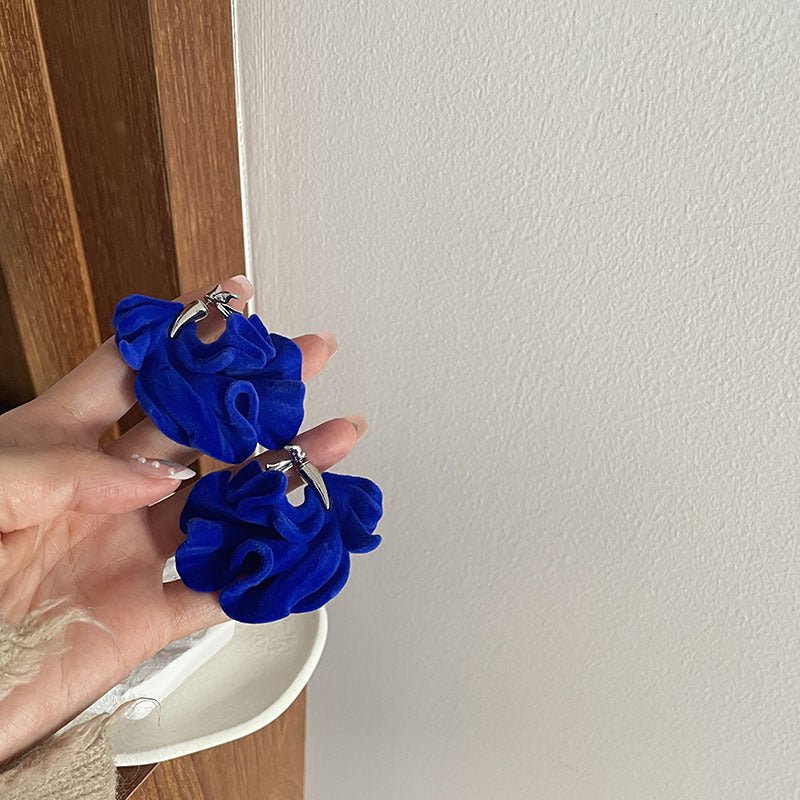 Klein Blue Flocked Crinkled Velvet Floral Petal Earrings-Jewearrings