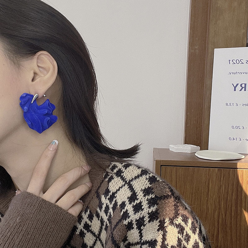 Klein Blue Flocked Crinkled Velvet Floral Petal Earrings-Jewearrings