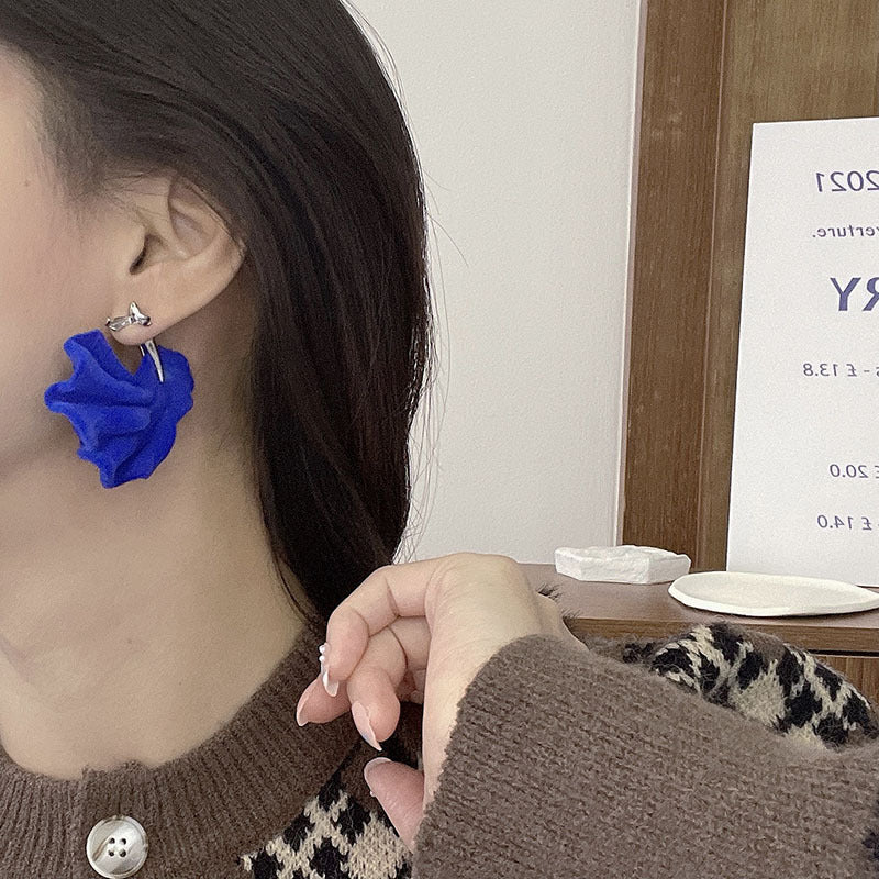 Klein Blue Flocked Crinkled Velvet Floral Petal Earrings-Jewearrings