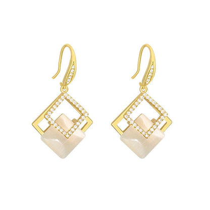 Korea Dongdaemun Geometric Diamond Opal Ear Hook Personality Temperament Earrings-Jewearrings