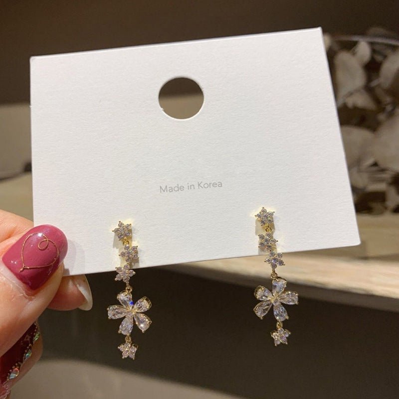 Korea Super Fairy Sweet 925 Silver Needle Rhinestone Flower Earrings Temperament Simple Long Earrings Lady Ear Jewelry Female-Jewearrings