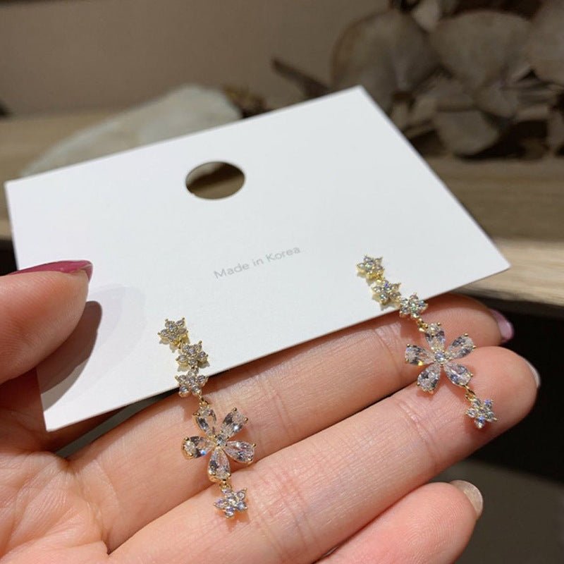 Korea Super Fairy Sweet 925 Silver Needle Rhinestone Flower Earrings Temperament Simple Long Earrings Lady Ear Jewelry Female-Jewearrings