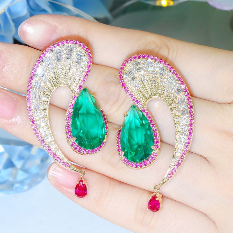 Korea Wave Water Drop S925 Silver Needle Big Earrings Irregular Curve Strip Zircon Emerald Color Zirconium Tassel Earrings-Jewearrings