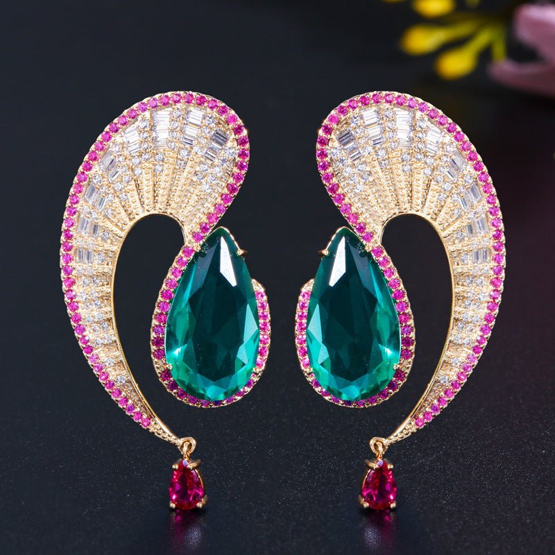 Korea Wave Water Drop S925 Silver Needle Big Earrings Irregular Curve Strip Zircon Emerald Color Zirconium Tassel Earrings-Jewearrings