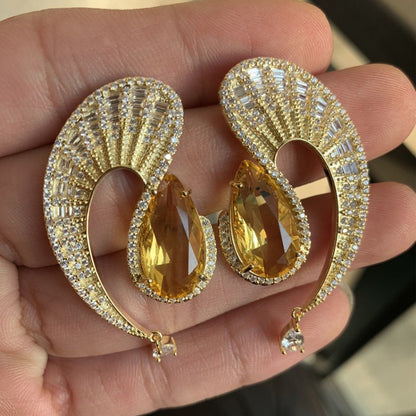 Korea Wave Water Drop S925 Silver Needle Big Earrings Irregular Curve Strip Zircon Emerald Color Zirconium Tassel Earrings-Jewearrings