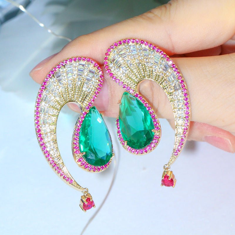 Korea Wave Water Drop S925 Silver Needle Big Earrings Irregular Curve Strip Zircon Emerald Color Zirconium Tassel Earrings-Jewearrings