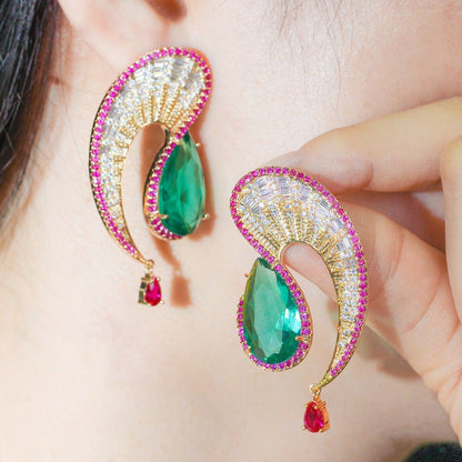 Korea Wave Water Drop S925 Silver Needle Big Earrings Irregular Curve Strip Zircon Emerald Color Zirconium Tassel Earrings-Jewearrings