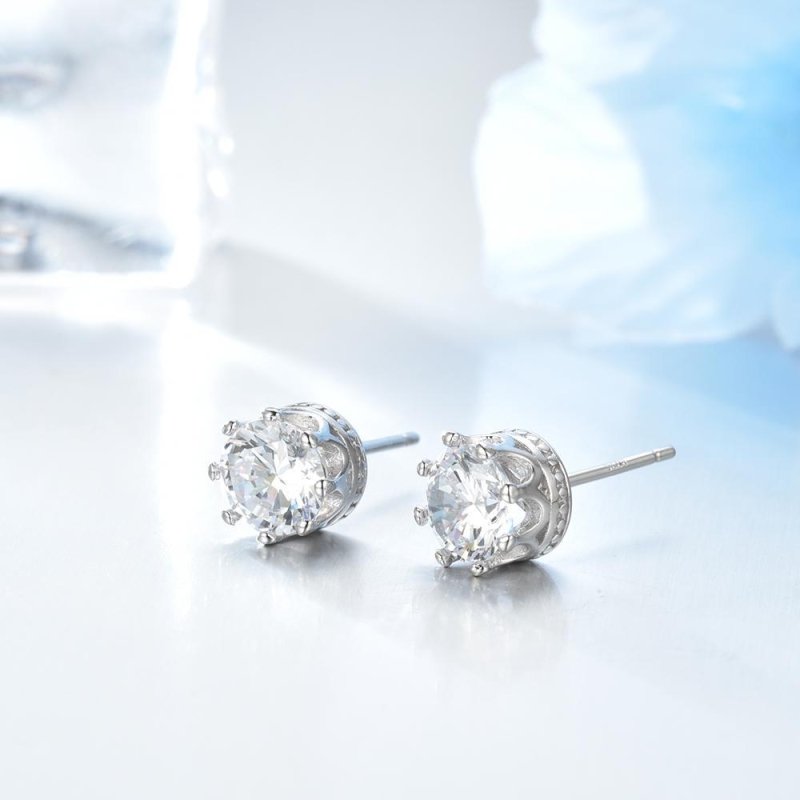 Korean Crown Stud Earrings Diamond Studded Wholesale Alloy Jewelry Zircon Earrings Women Allergy Silver Stud Earrings-Jewearrings