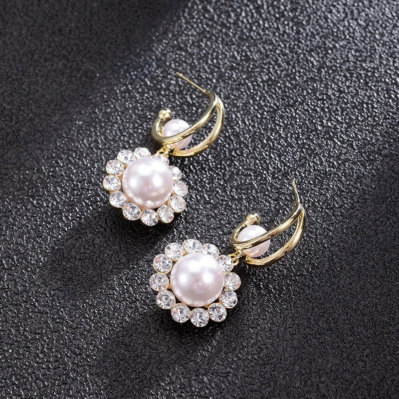 Korean Design Sense Diamond-Studded Pearl Earrings Fashion-Jewearrings