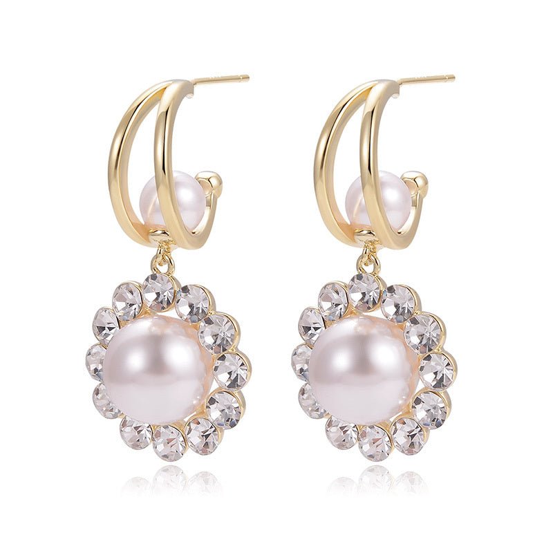 Korean Design Sense Diamond-Studded Pearl Earrings Fashion-Jewearrings