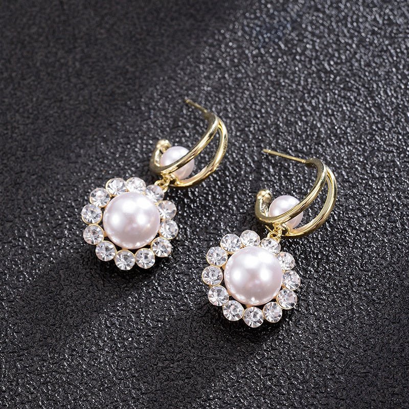 Korean Design Sense Diamond-Studded Pearl Earrings Fashion-Jewearrings