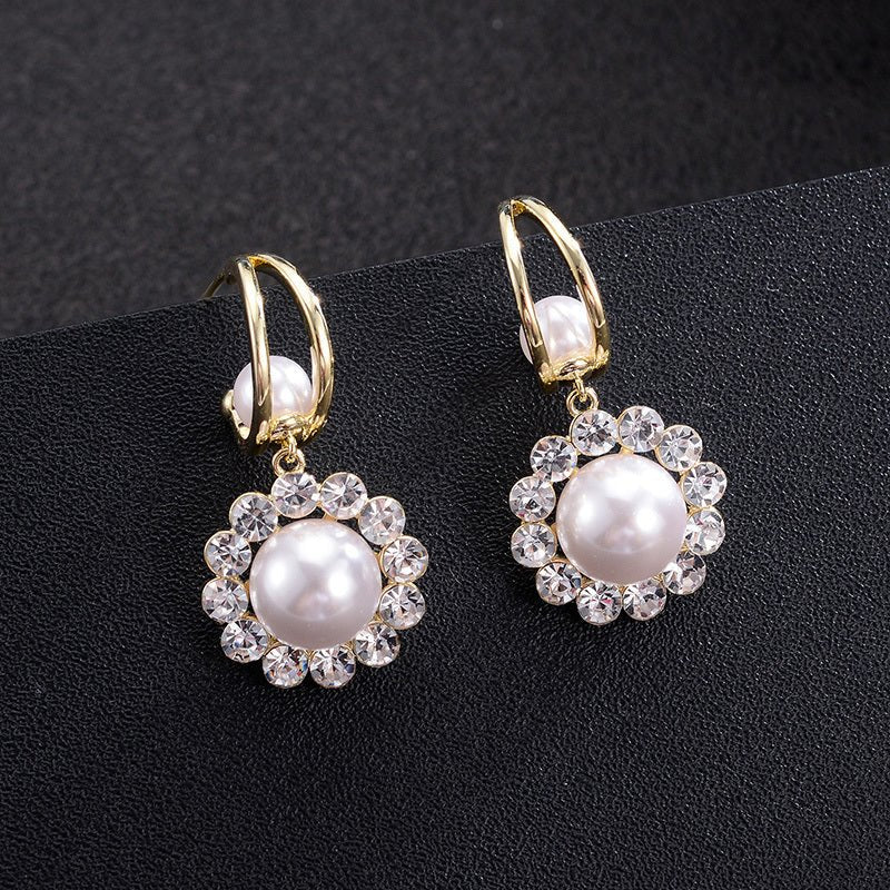 Korean Design Sense Diamond-Studded Pearl Earrings Fashion-Jewearrings