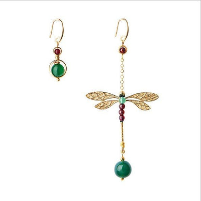 Korean Exquisite Asymmetric Earrings Retro Temperament Exaggerated Long Dragonfly Gold-Plated Earrings Elegant Fashion Literary Fan-Jewearrings