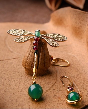 Korean Exquisite Asymmetric Earrings Retro Temperament Exaggerated Long Dragonfly Gold-Plated Earrings Elegant Fashion Literary Fan-Jewearrings