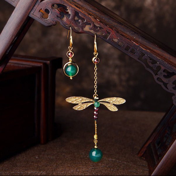 Korean Exquisite Asymmetric Earrings Retro Temperament Exaggerated Long Dragonfly Gold-Plated Earrings Elegant Fashion Literary Fan-Jewearrings