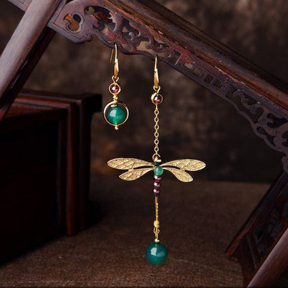 Korean Exquisite Asymmetric Earrings Retro Temperament Exaggerated Long Dragonfly Gold-Plated Earrings Elegant Fashion Literary Fan-Jewearrings