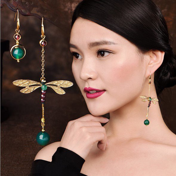 Korean Exquisite Asymmetric Earrings Retro Temperament Exaggerated Long Dragonfly Gold-Plated Earrings Elegant Fashion Literary Fan-Jewearrings