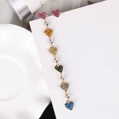 Korean Fashion Asymmetric Colorful Crystal Love Earrings Drop Earrings Female Long Tassel Earrings-Jewearrings