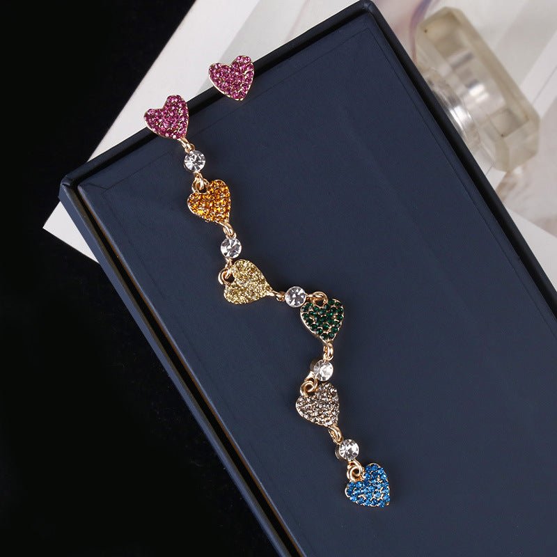 Korean Fashion Asymmetric Colorful Crystal Love Earrings Drop Earrings Female Long Tassel Earrings-Jewearrings