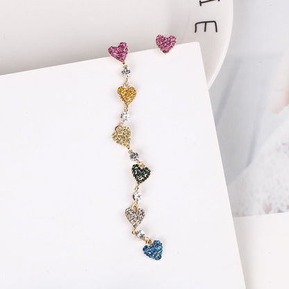 Korean Fashion Asymmetric Colorful Crystal Love Earrings Drop Earrings Female Long Tassel Earrings-Jewearrings